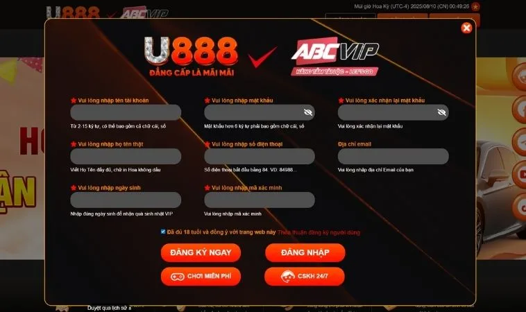 Đăng Ký U888 Nhận Ngay 88K Trải Nghiệm Cổng Game Đẳng Cấp 2 Giao diện đăng ký U888