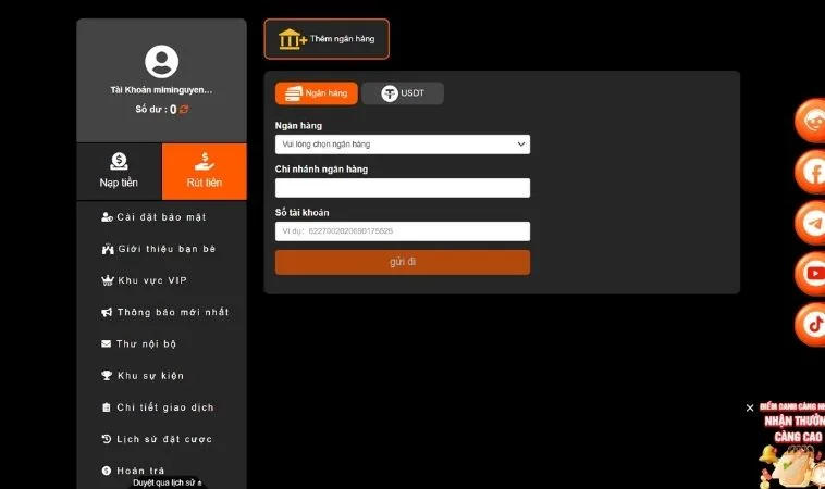 Rút Tiền U888 Về Túi Ngay Lập Tức Chỉ Trong Vòng 3 Phút 2 Giao diện rút tiền U888